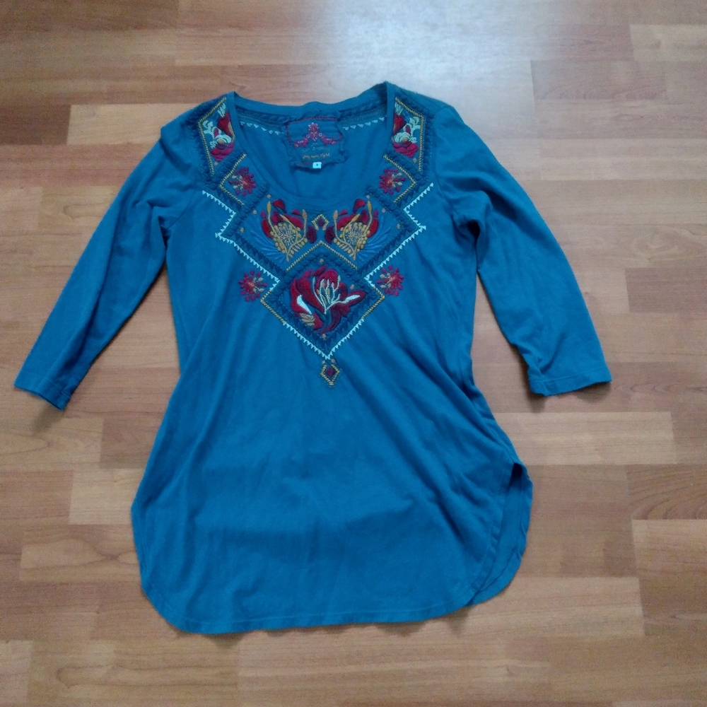 Johnny Was Los Angeles Blue Teal Embroidered Tunic T-Shirt - Picture 2 of 7